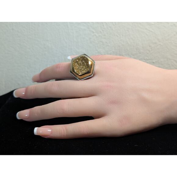 Chunky Hexagon Gold Druzy Quartz Two Tone Sterling Silver Ring Size 8 - Picture 5 of 14
